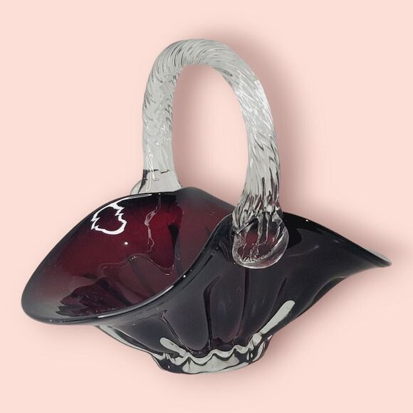 Ruby Red Hand Blown Art Glass Basket Applied Handle Clear Ground Base - Picture 2 of 13